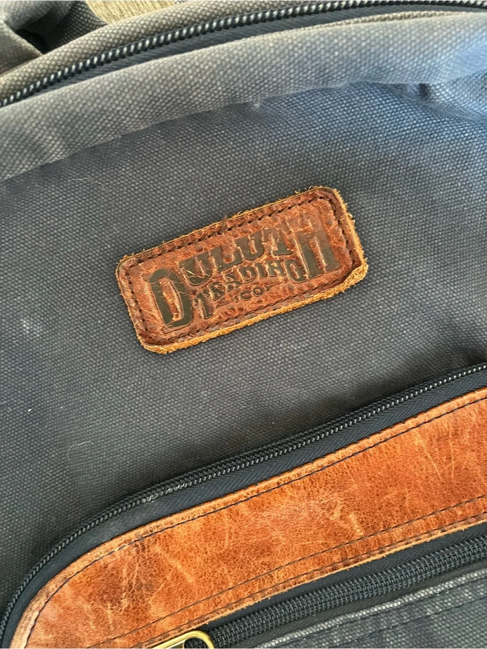 Duluth Trading Co Navy Canvas Backpack with Brown Leather Trim